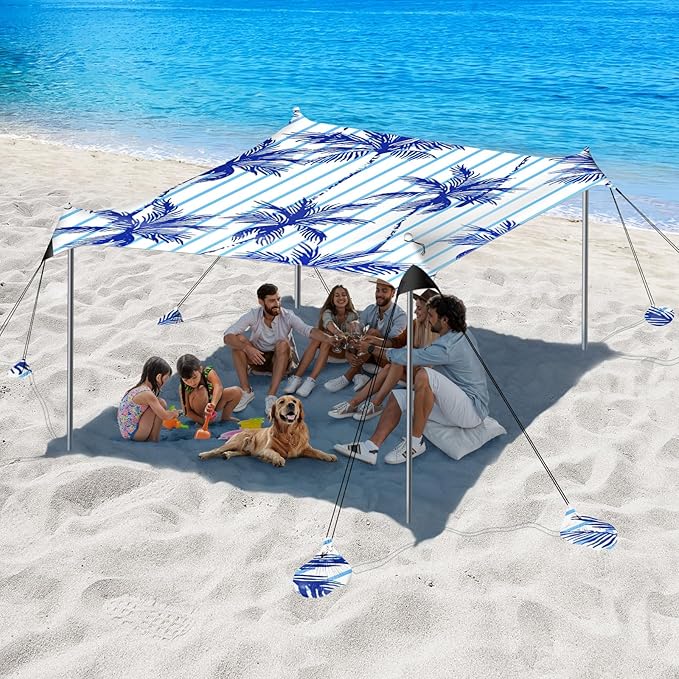 Beach Tent Sun Shelter, 10 x 10 FT Beach Canopy Tent Sun Shade, UPF50+ Beach Tent Canopy with 8 Sandbags & 4 Stability Poles, Outdoor Beach Tent for Beach Camping Fishing, Coconut Tree