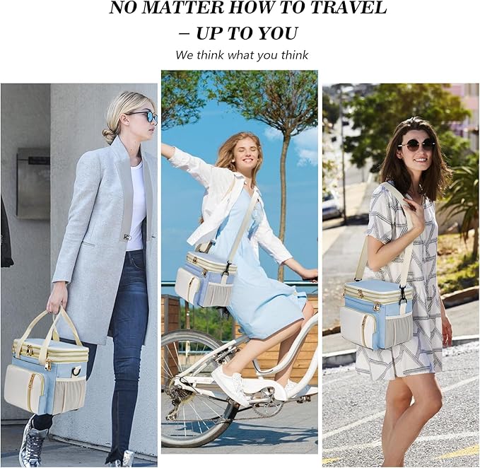 Lunch Box & Lunch Bag for Women, Large Insulated Adult Lunch Box Leakproof Lunchbox Cooler Bag for Work Picnic Beach,16L, Sky Blue & White