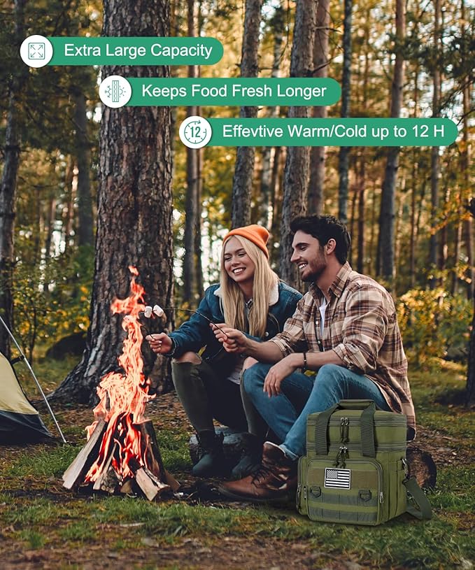 Tactical Lunch Box for Men, Expandable Large Insulated Lunch Bag for Adult, Heavy Duty Double Deck Lunch Cooler Bag with Shoulder Strap Leakproof Waterproof Lunch Tote for Travel Work Office - Green