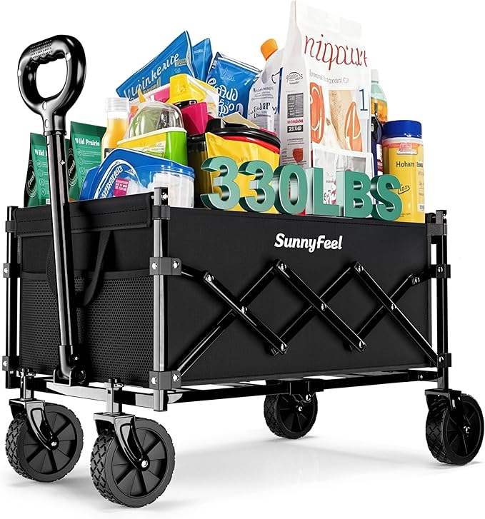 SunnyFeel 330lbs Wagons Carts Foldable,Heavy Duty Collapsible Folding Wagon Carts with Wheels,Lightweight Fold Up Wagon Cart for Outdoor Camping Shopping Sports Beach Garden Grocery