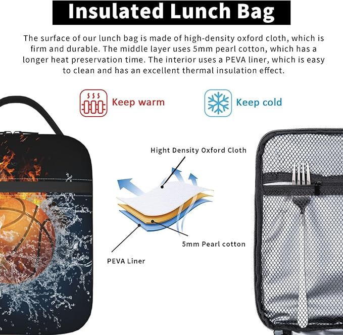 Fire And Water Basketball Portable Lunch Box, Cooler Bags Insulated Thermal Lunch Tote Bag with Shoulder Strap For Women Men Adults Work Travel