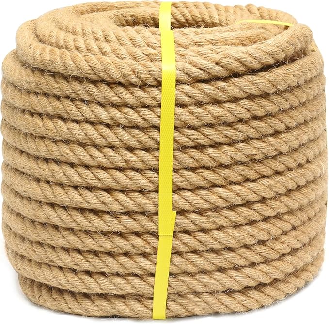Natural Hemp Rope 3/4 inch 50Ft Thick Twisted Manila Rope Heavy Duty Jute for Crafts, Porch Swing, Tug of War, Nautical, Home Decorating, Railing, Docks, Landscaping