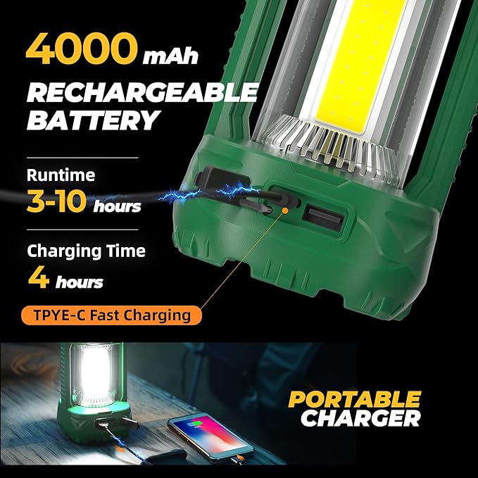 Favourlite LED Camping Lantern Rechargeable, 1500LM 4 Light Modes Camping Light 4000mAh Phone Charger Lanterns for Power Outages Portable Waterproof Camping Essentials for Emergency (Leaf Green)