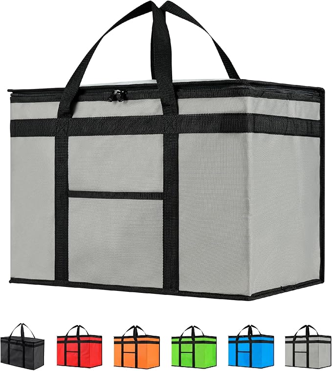 NZ home XXL Insulated Cooler Bag and Food Warmer for Delivery & Grocery Shopping with Zippered Top, Gray (1 Pack)