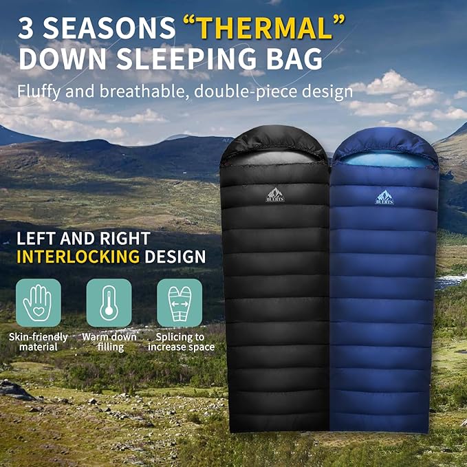 Lightweight Sleeping Bag for Adults. 59-24°F.Weighs only 1.85/2.68lb. Down Sleeping Bag for Hiking, Camping, Mountaineering, Adventure and Backpacking.
