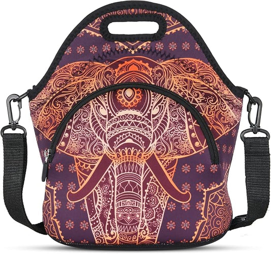 Violet Mist Neoprene Thermal Insulated Lunch Bag Cute Animal Lunch Bag Tote with Extra Pocket Detachable Adjustable Shoulder Lunchbox Food Handbags Picnic Work Gifts for Women men, Retro Elephant 2
