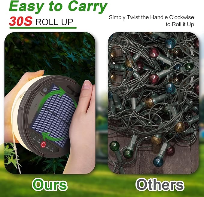 Camping String Light 4 in 1 Quick Storage 42ft Solar /USB Rechargeable 3600mAh Waterproof Hanging Outdoor Camping Lantern with 8 Lighting Modes, Portable Tent Lights for Hiking, Yard, RV (Warm Light)