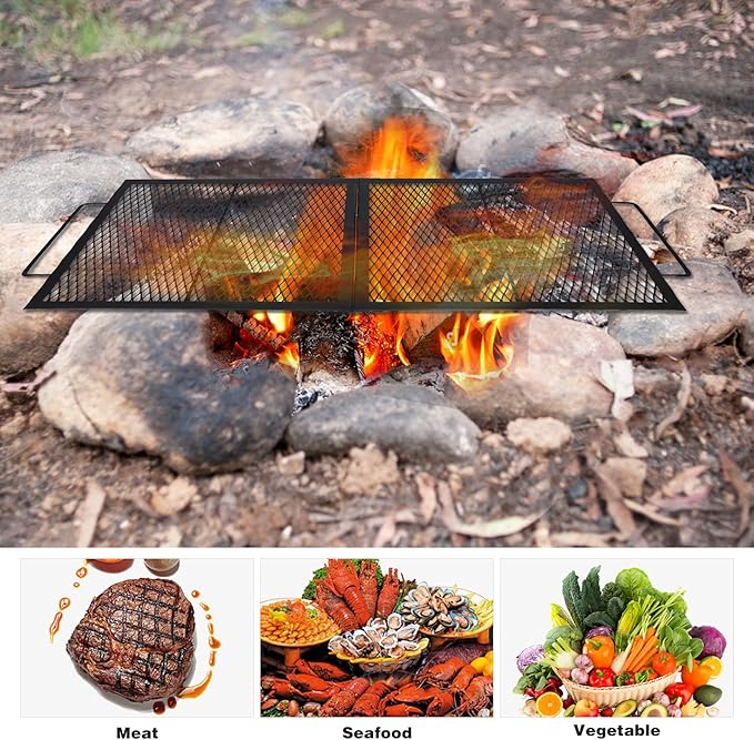 Lineslife Rectangle Fire Pit Cooking Grill Grate, Heavy Duty Outdoor Rectangle Campfire BBQ Grill with Handles, Camping Cookware and Accessory, 36 Inch