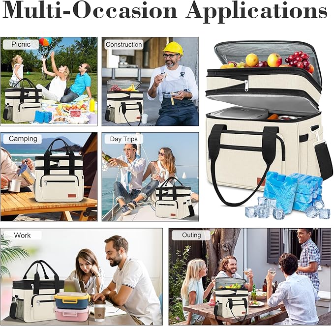 23L Extra Large Expandable Insulated Cooler Lunch Box for Men Double Deck Leakproof Heavy Duty Lunch Bag with 4 Ice Packs&2 Snack Bags for Adult/Construction/Women/Work/Picnic/Camping - Beige
