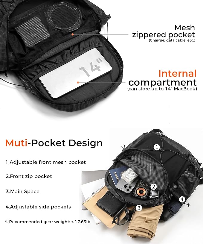 Lightweight Hiking Backpack, Camping Backpack 20L Small Backpacks Water Resistant Daypack for Women Men (Black)