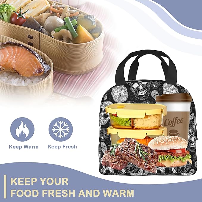 Insulated Lunch Bag, Black and White Skull Head Lunch Box for School Student Kids Boys Girls,Leakproof Small Lunch Tote for Adult Men Women,Reusable Lunch Cooler Tote Bag for Office Work Picnic