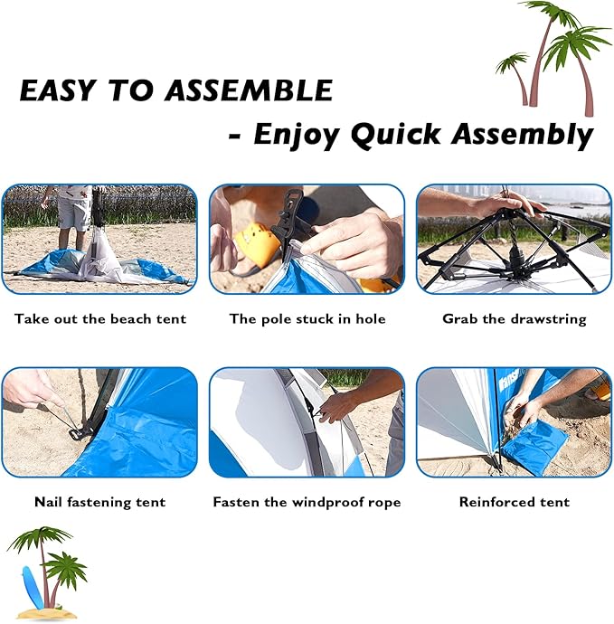 Beach Tent Pop Up Shade, Instant Beach Tents Sun Shelter with UPF 50+ UV Protection, Lightweight & Easy Setup Tent 2-6 Person