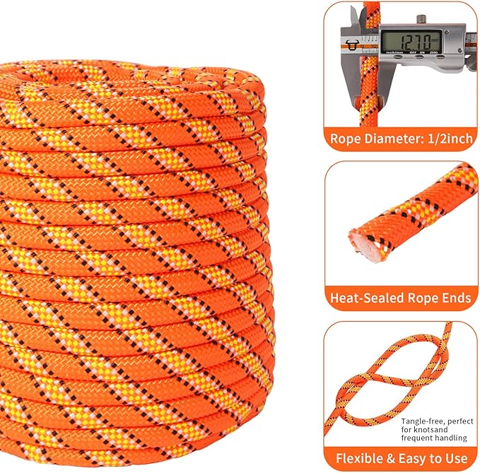 Arborist Rope Tree Rope Polyester Climbing Rope (1/2in x 200ft) 48 Strands for Pull Swing Knot (Orange)