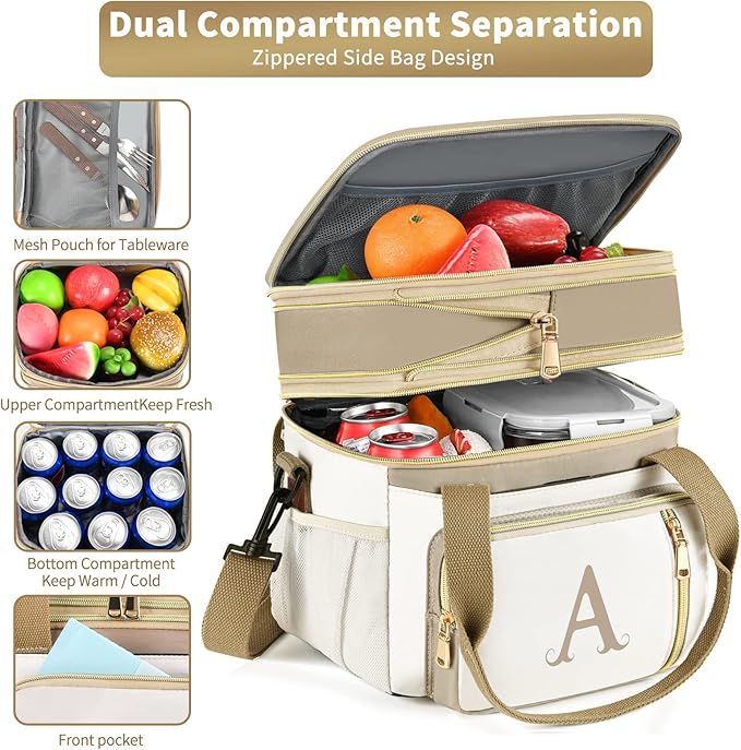 LOKASS Personalized Lunch Bag for Women Work, 16L Initial Insulated Lunch box for Adult/Womens Gift, Leakproof Personalized Gift Lunchbag with Adjustable Shoulder Strap, Cooler Bag Beige - N