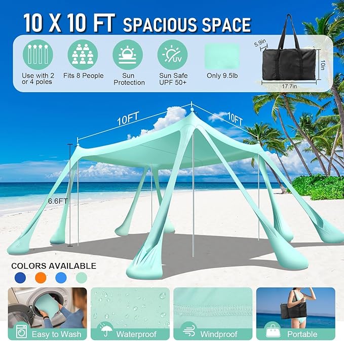 Beach Tent Sun Shelter Beach Canopy Tent Sun Shade Pop Up 10x10 UPF50+ with 8 Sandbags-2 Sand Shovel-Portable 4 Aluminum Poles-Ground Pegs-Easy Setup for Outdoor Family Camping Fishing Picnic