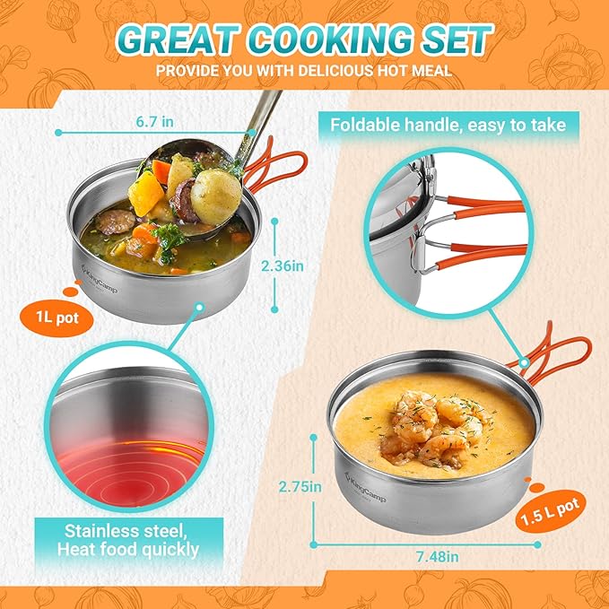 KingCamp Camping Cookware, Lightweight Cook Set Non-Stick Stainless Steel Essentials Mess Kit with Pot Pan Cups Plates Forks Knives Spoons for Camping Backpacking Outdoor Picnic