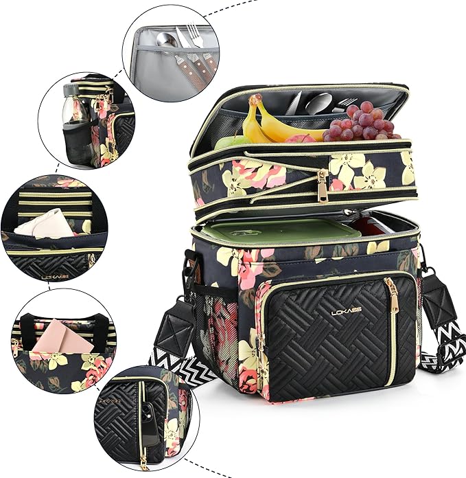 LOKASS Lunch Box for Women/Men-16L-Insulated Lunch Bag, Expandable Double-layer Leakproof Cooler Bag with Upgrade Adjustable Shoulder Strap Ideal for Work/Travel/Picnics（Floral）
