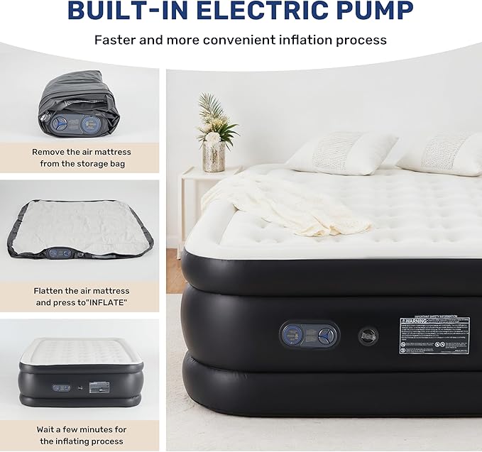 YSSOA Queen Camping Air Mattress with Built-in Electric High-Speed Pump, 16" Bed Height, Comfort Blow Up Inflatable Airbed with Carrying Bag for Travel & Home Guests, Waterproof Foldable Portable