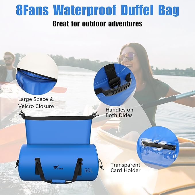 8 Fans Extra Large Waterproof Duffle Bag,Heavy Duty Travel Dry Bag with Durable Straps & Handles, Ideal for Kayaking,Paddleboarding,Boating,Rafting,and Fishing (Blue, 50L)