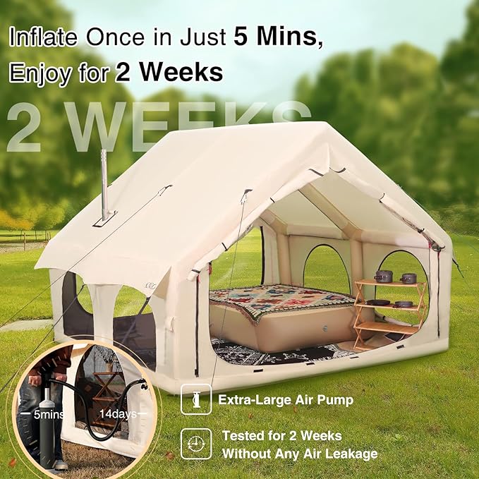 2025 Upgraded 100% Waterproof Inflatable Camping Tent, Large Blow-Up Air Tent, No Assembly Needed Luxury Glamping House, Oxford Fabric