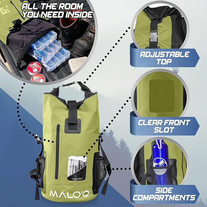 Malo'o 30L Waterproof Roll-Top Backpack - Ideal for Beach, Backpacking, Fishing, and Kayaking - Heavy-Duty Beach and Boat Accessory