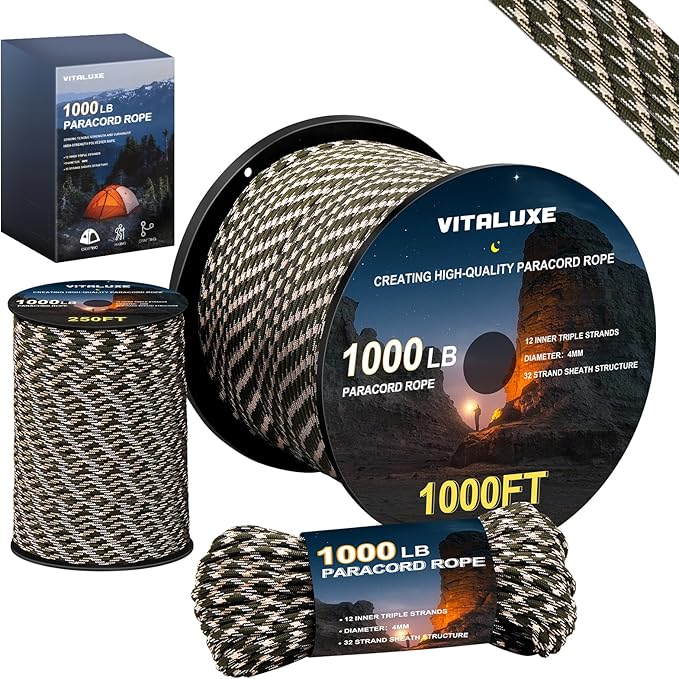 1000lb Paracord Rope, 4mm 12 Triple Strands Paracord, Heavy Duty Tactical Parachute Cord for Survival Gear, Camping, Hiking, and Ideal for Bracelets, Lanyards, Type III