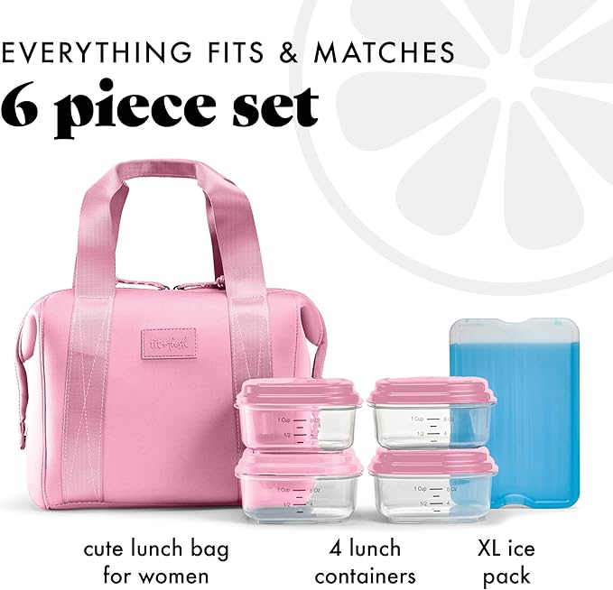 Fit & Fresh Neoprene Like Lunch Bag For Women, Insulated Womens Lunch Bag For Work, Tear & Stain Resistant Large Lunch Box With Containers and Ice, Machine Washable Remi Lunch Bag, Pink