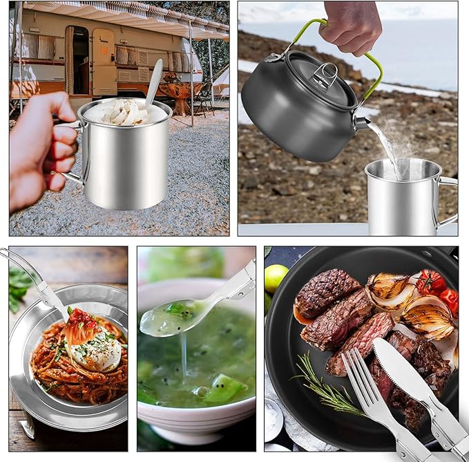 Odoland 16pcs Camping Cookware Mess Kit, Lightweight Pot Pan Mini Stove with 2 Cups, Fork Spoon Kits for Backpacking, Outdoor Camping Hiking and Picnic