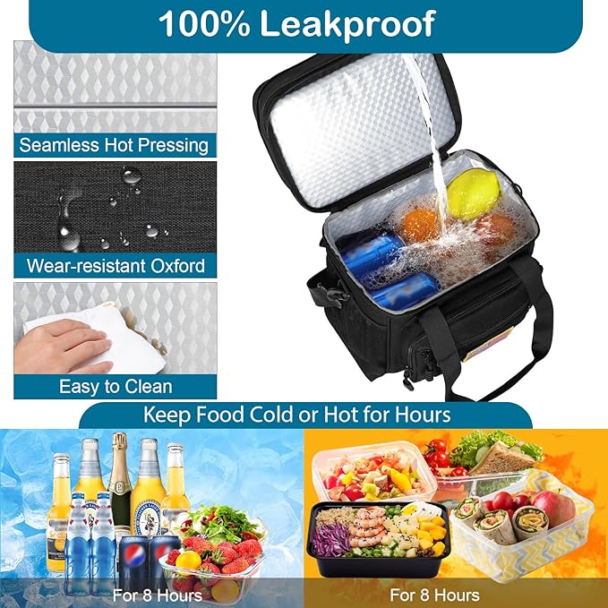 GLENKEY Double Deck Insulated Lunch Box, Expandable Large Lunch Bag Leakproof Cooler Bag Lunch Pail for Men Women Adults Work Shifts Travel Daytrip, Black