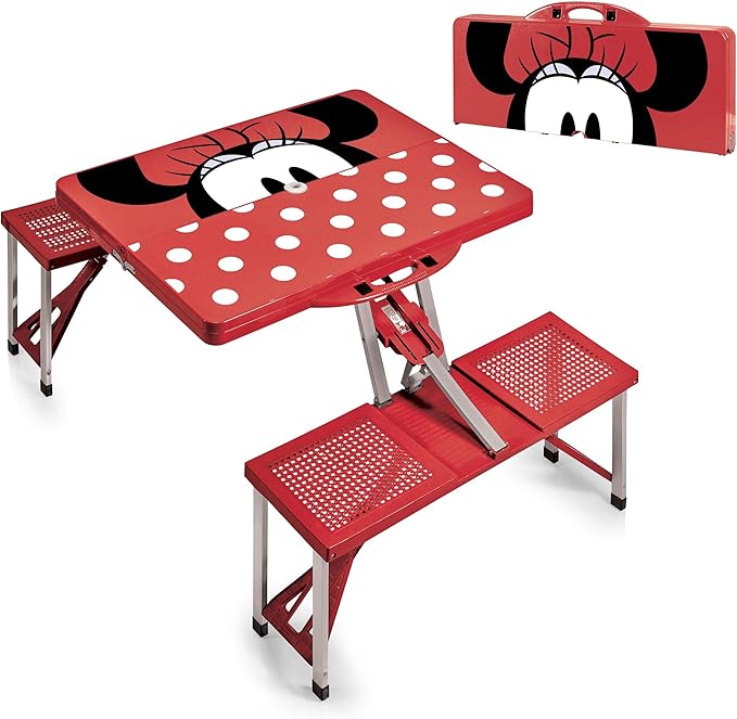 Picnic TIME Disney Minnie Mouse Folding Picnic Table, Camping Table, Outdoor Table with Umbrella Hole, (Red)