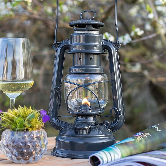 Outdoor Kerosene Fuel Lantern, German Made Weather Resistant Baby Special 276 Galvanized Hurricane Lamp for Camping or Patio, 10 inches, Gray