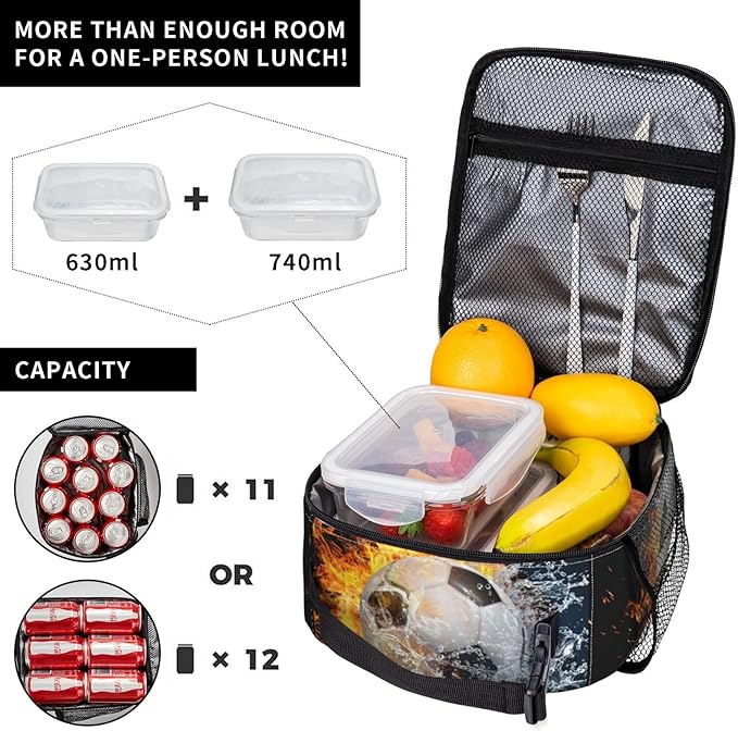 Insulated Durable Football Lunch Box with Shoulder Strap, Kids Adult Fire And Water Soccer School Lunch Bag, Lunch Tote Box Bag for Office School Picnic Beach Travel