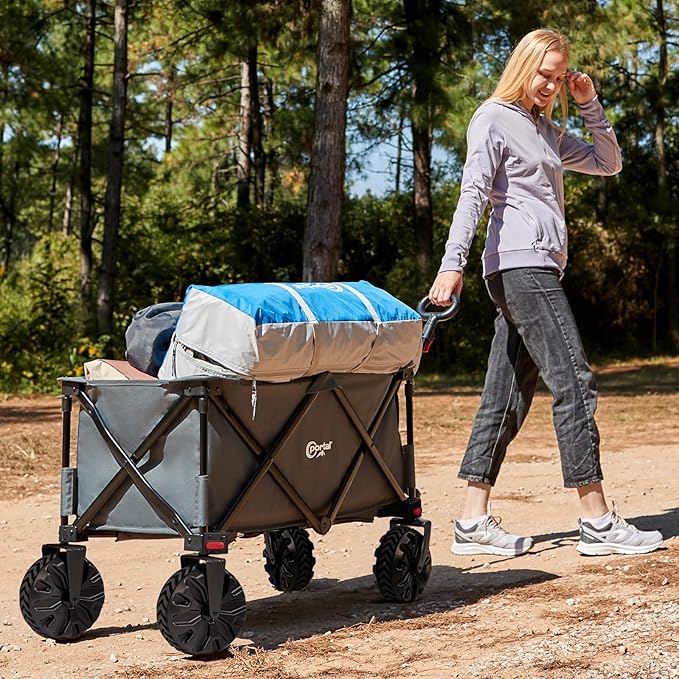 PORTAL Collapsible Folding Utility Cart, Heavy Duty Foldable Wagon with All Terrain Wheels, Large Capacity Beach Cart for Camping, Garden, Shopping, Groceries, Grey