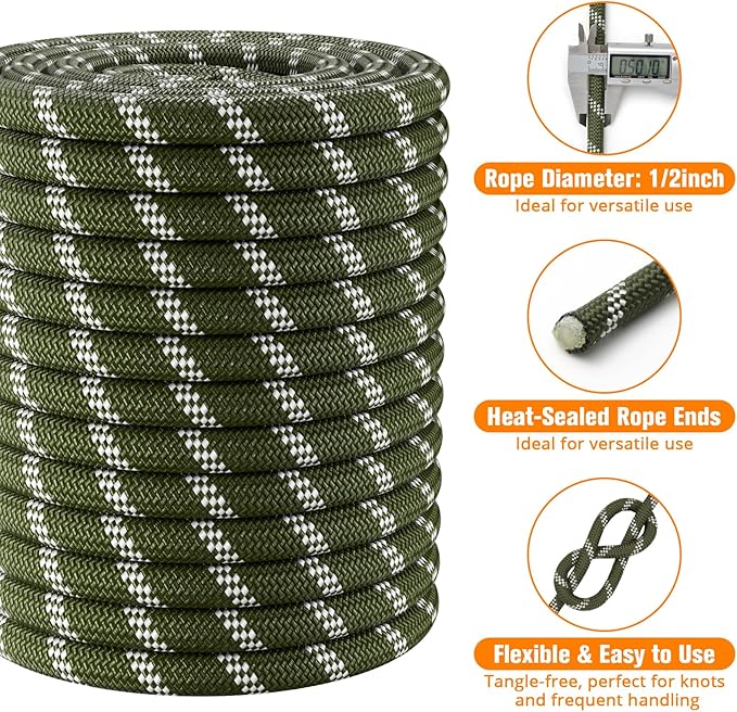 Double Braided Arborist Rigging Rope - 1/2 in X 100 ft 48 Strands Outdoor Pulling Heavy Duty Polyester Bull Rope for Swing Tree Work Camping Rescue Hiking - Army Green