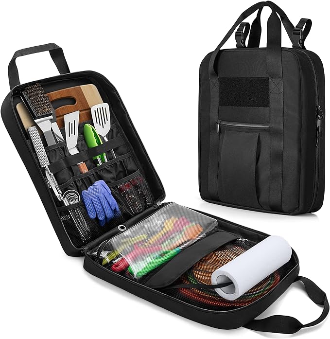 Hanging Camp Utensil Organizer with Towel Paper Holder, Portable Camping Kitchen Cookware Bag for Knives, Forks, Spoons & More, Outdoor Cooking Tools Storage Box for Travel & Hiking, Bag Only