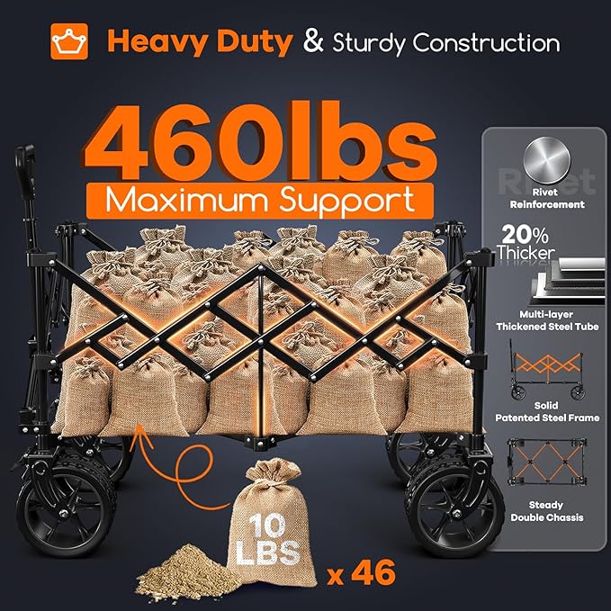 38"L Collapsible Wagon Cart Foldable, 460LB Weight Capacity 220L Heavy Duty Folding Beach Wagons with Big All-Terrain Wheels, Utility Carts for Groceries, Shopping, Camping, Sports - Black