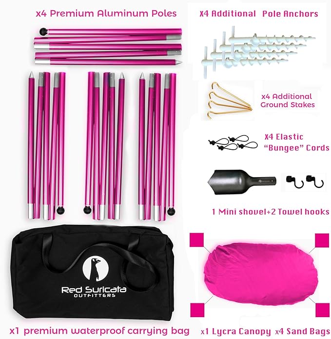 Red Suricata Family Beach Tent & Canopy, UPF50 Sun Shade, 4 Aluminum Poles, Sand Shovel, Large Portable Sun Shelter