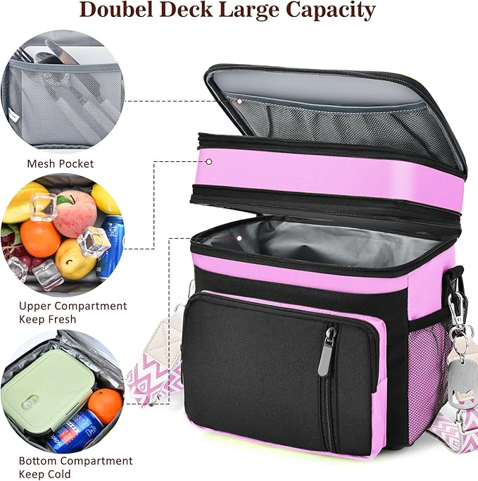 LOKASS Lunch Box for Women/Men-16L-Insulated Lunch Bag, Expandable Double-layer Leakproof Cooler Bag with Upgrade Adjustable Shoulder Strap Ideal for Work/Travel/Picnics（Pink&Black）