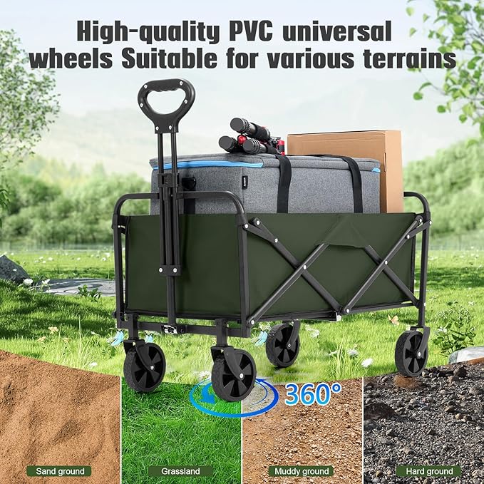 Collapsible Foldable Wagon,Wagons Carts Foldable with Wheels,Utility Grocery Folding Beach Wagon for Sand Garden Sports Shopping Outdoor(Light Green).