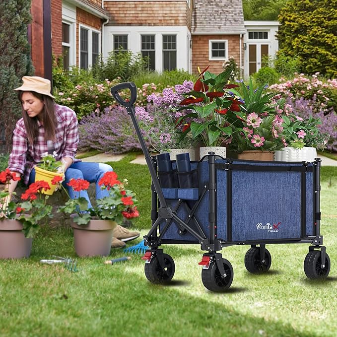 Collapsible Wagon Cart Foldable with Big Wheels Brakes, 250lbs Folding Utility Lightweight Garden Wagon, Portable Grocery Cart for Camping Shopping Sports Pets, Blue