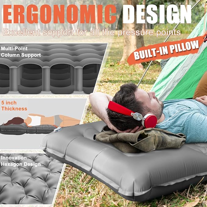 Sleeping Pad, Ultralight Thicken Inflatable Sleeping Pad for Camping, Camping Pad with Carry Bag, Built-in Pillow and Pump (Grey)