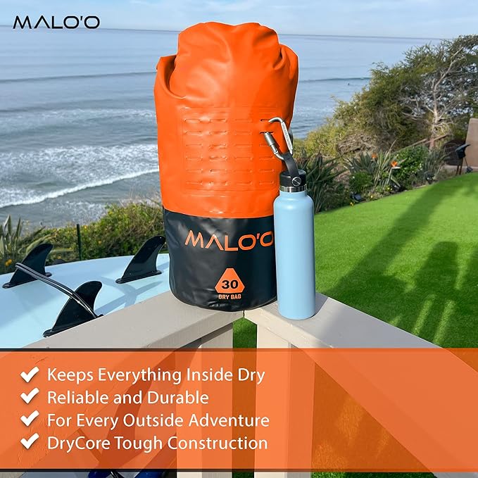 Malo’o 30L Heavy Duty 100% Waterproof Roll-Top Dry Bag Backpack – Keeps Gear Dry for Fishing, Rafting, Kayaking, Beach, Boating, Hiking, and Camping - Travel Safe - Easy To Use Dry Bag Backpack