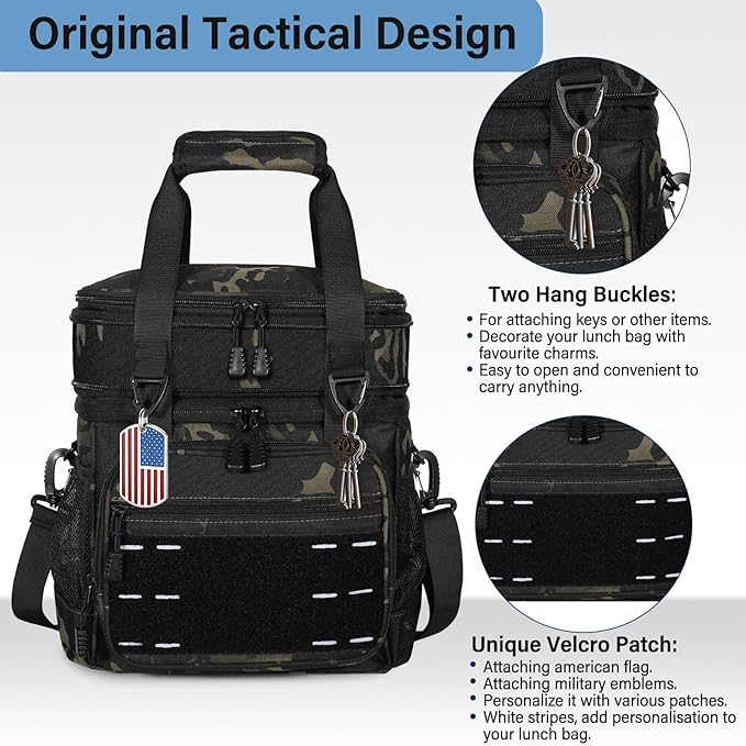Lunch Box Cooler Bag - Insulated Tactical Lunchbox for Men - Large Lunch Pail Kit for Adults Work Outdoor Shifts Trips Black Camo 25L