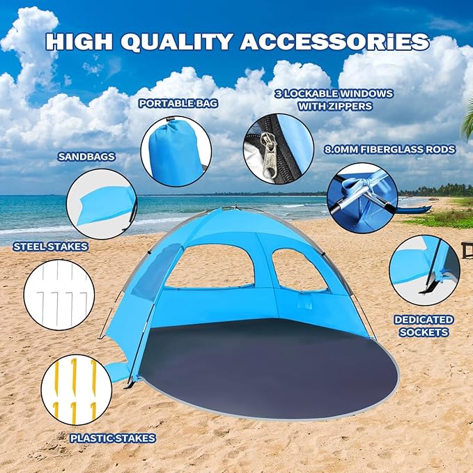 Beach Tent for 3-4 People, UPF50+ Sun Shelter with Breathable 3-Way Ventilation, 8.0mm Reinforced Fiberglass Poles, Portable Shade Canopy for Beach & Camping (Blue)