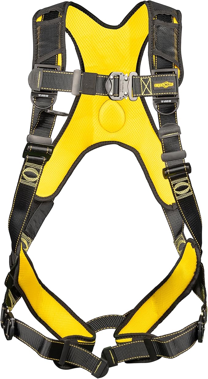 Guardian 21046 Cyclone Construction Harness with Comfort Shoulder Padding |Quick Connect Leg|OSHA & ANSI Compliant | Black/Yellow | M-L