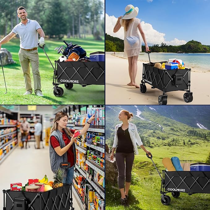 Electric Collapsible Utility Wagons 330lbs Capacity, Carts Foldable with Wheels Brakes Portable for Beach Garden Outdoor Sports Lounge Heavy Duty Shopping Camping Picnic (Black)