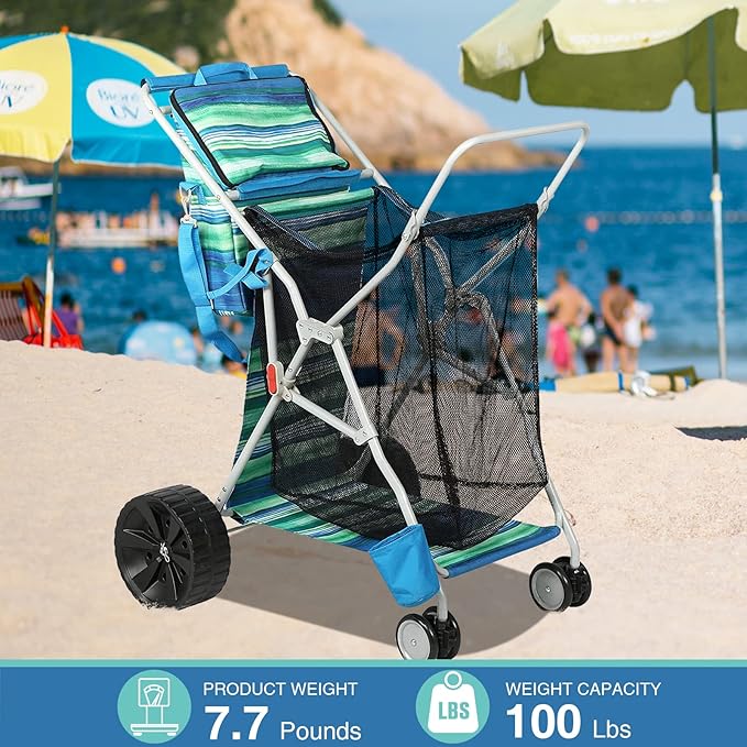 Beach Cart with Big Wheels for Sand, Collapsible All-Terrain Beach Wagon with Cooler Bag & Umbrella Holder, Large Mesh Storage, Supports 100lbs for Camping, Outdoor, Shopping, Dark Blue