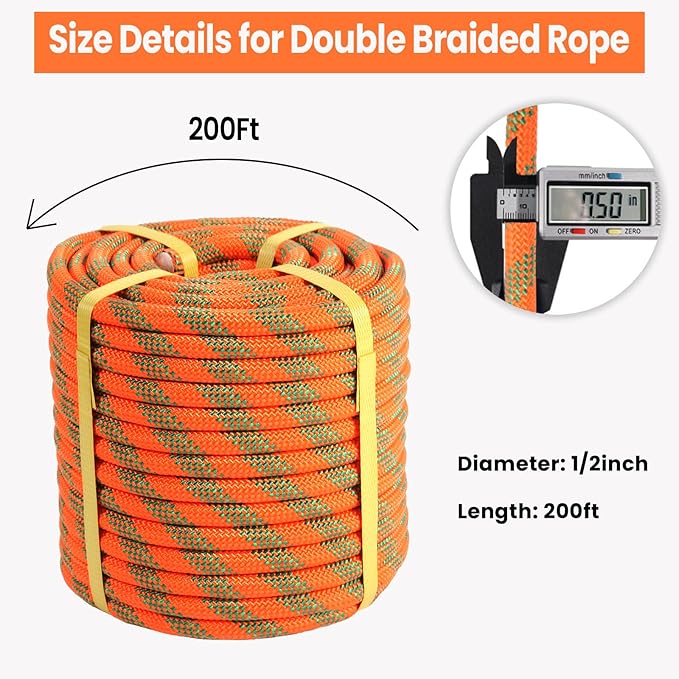 1/2inch Arborist Rope Tree Climbing Rope 48 Strand（200ft） Polyester Bull Rope for Swing Pulling Outdoor Marine