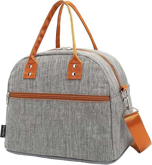 FlowFly Insulated Lunch Bag With Shoulder Strap for Women, Men, and Kids, Large and Reusable, Handle, Freezable Work and School Travel Tote and Meal Prep Organizer,Grey