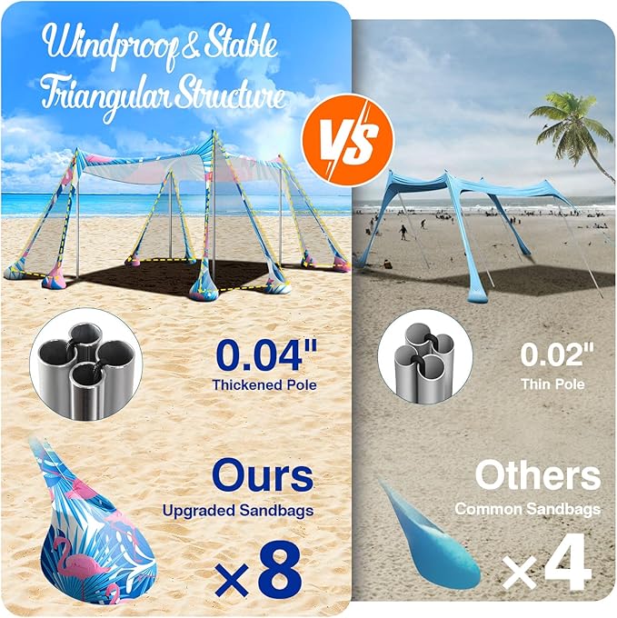 Rhino Valley Beach Tent Sun Shelter, 10x10FT Beach Canopy Tent Sun Shade UPF50+ Protection with 8 Sandbags 4 Stability Poles, Outdoor Beach Shade Canopy 6-8 People for Beach Camping Fishing